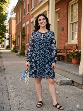 Lucky Brand Floral Black and Blue Floral Dress Size Large